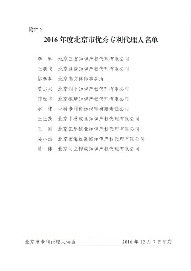 2016年度北京市优秀专利代理机构及优秀专利代理人名单公布