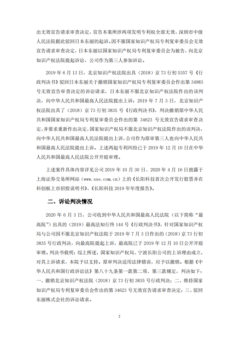 科创板上市公司长阳科技公告：日本东丽就专利纠纷上诉被判“请求不成立”