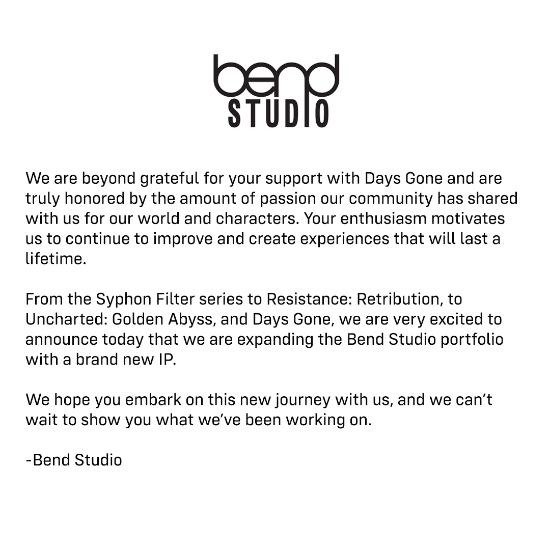 Bend Studio工作室宣布开发全新IP 新作将基于《往日不再》开发的深度开放世界系统