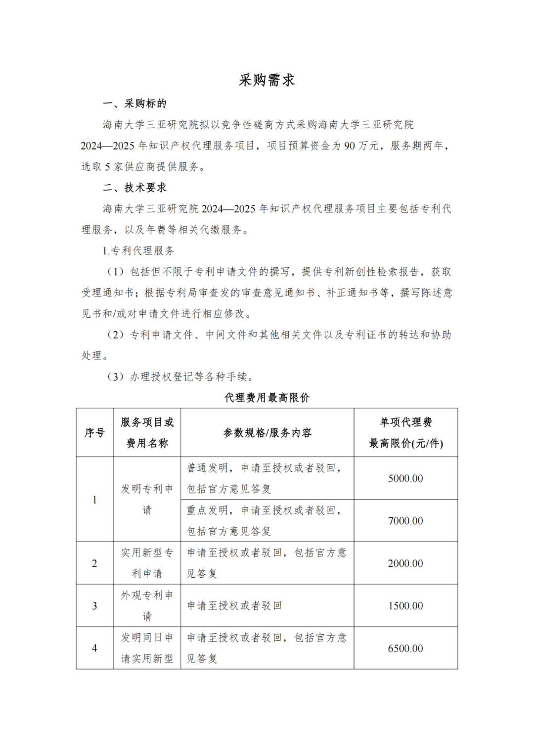 发明专利申请最高限价7000元，实用新型2000元！海南大学三亚研究院900000采购知识产权代理服务